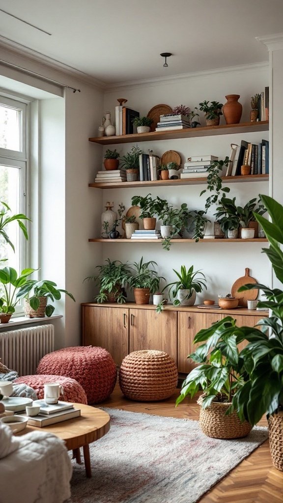 A cozy living room with floating shelves filled with plants and books, showcasing a blend of natural elements and functional storage.