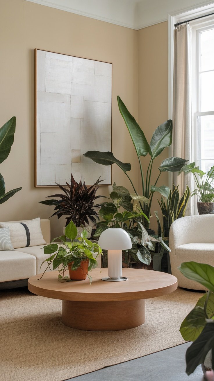 A cozy modern living room with multiple indoor plants, a round coffee table, and soft seating.