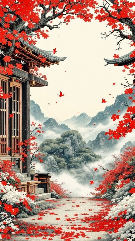 A serene Japanese landscape featuring red leaves and traditional architecture.