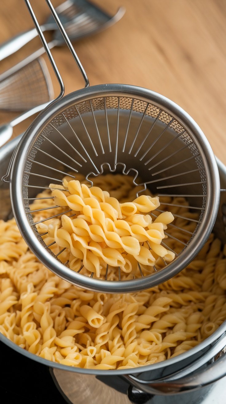 Kitchen Gizmo Snap N’ Strain shown lifting pasta from a pot