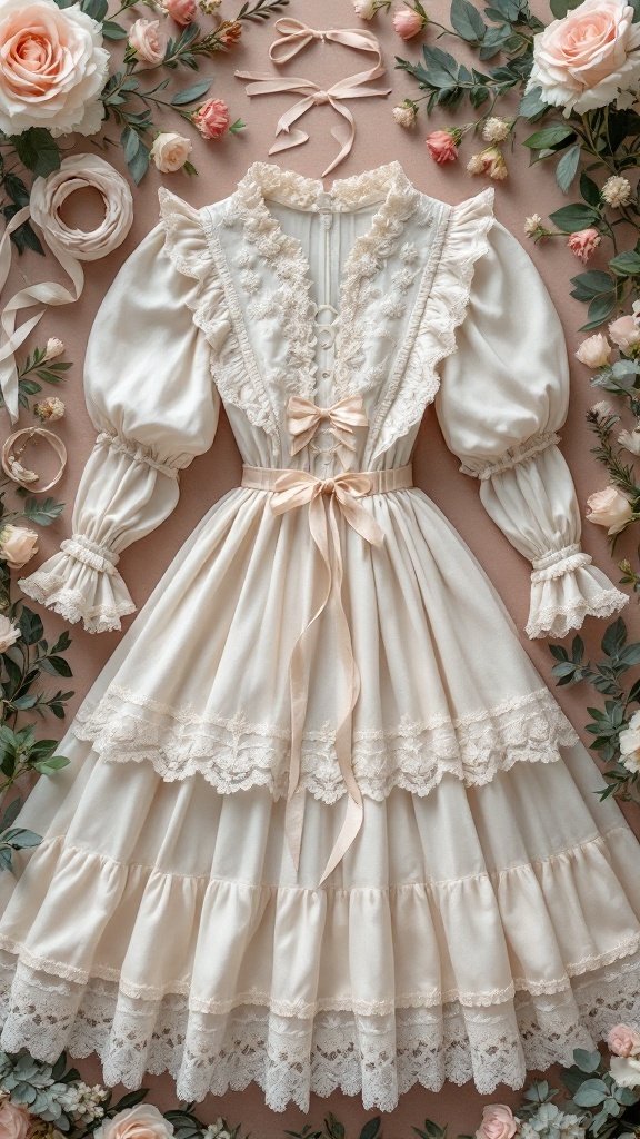 A classic Lolita dress displayed with floral accents, featuring puffed sleeves and lace trim.