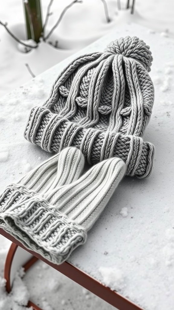 A light gray knitted beanie with a pom-pom and matching ribbed gloves placed on a snowy surface.