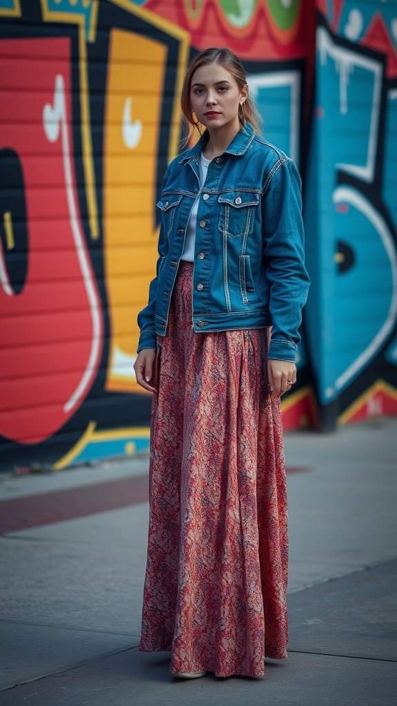 A model in a denim jacket and patterned maxi skirt standing against a colorful graffiti wall.