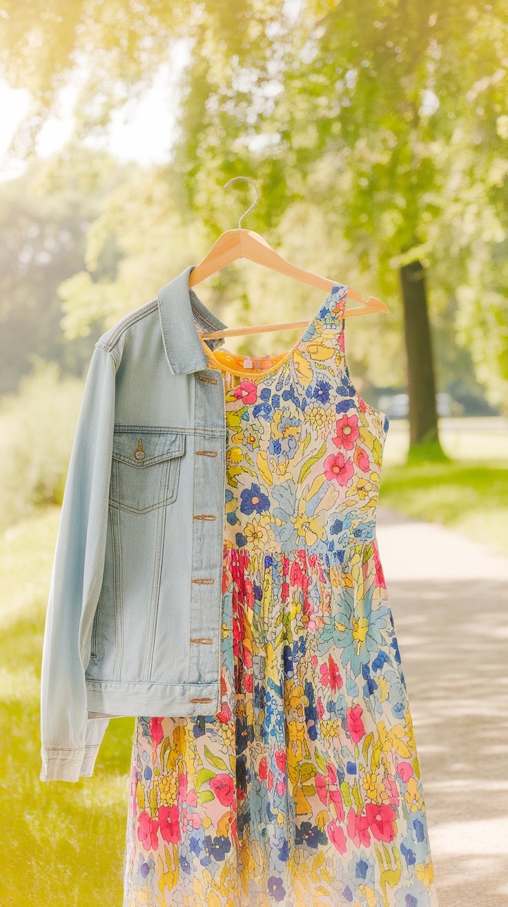 A lightweight denim jacket next to a colorful floral sundress, hanging on a hanger outdoors.