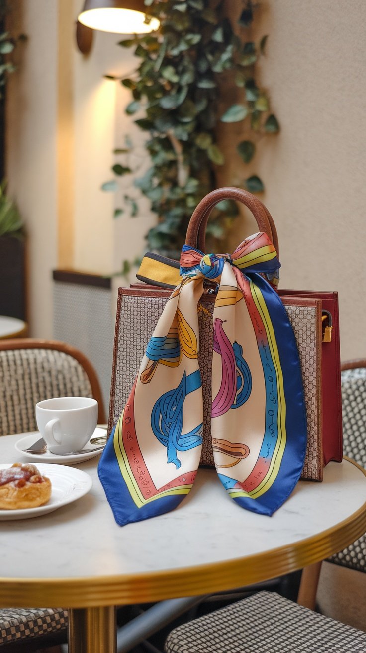 A stylish handbag with a colorful printed scarf tied to the handle, placed on a table.