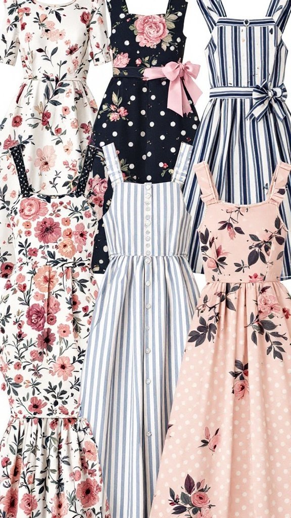 A collage of various Lolita dresses showcasing different patterns and designs, including floral prints, stripes, and polka dots.