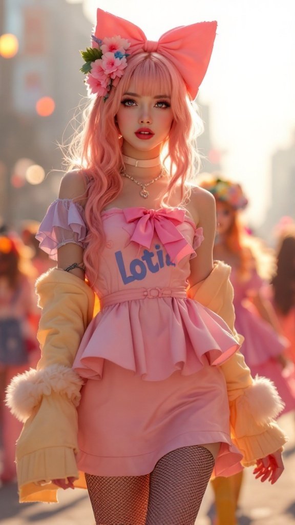 A model wearing a pastel pink Lolita dress with a large bow and floral accents in a lively urban setting.