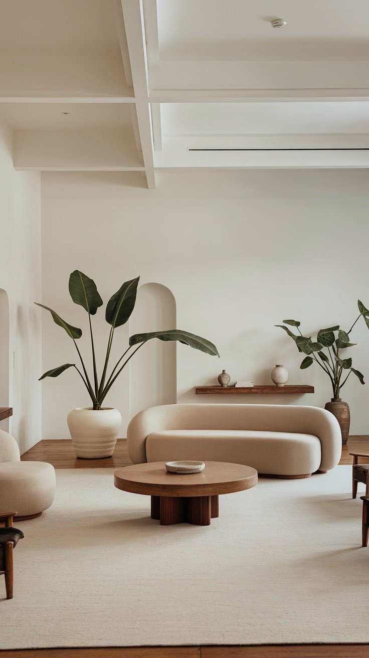 A minimalistic living room with soft neutral colors, modern furniture, and large potted plants.