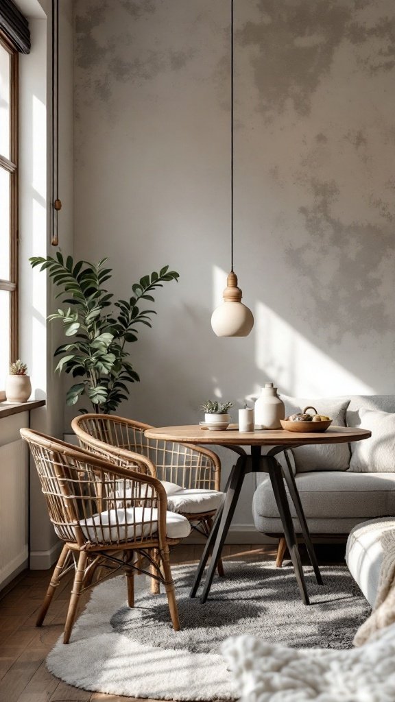 A small living room and dining area featuring a wooden table, rattan chairs, a grey sofa, and plants.