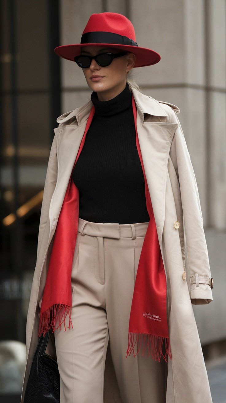 A stylish monochrome outfit with beige pants and a black top, featuring a red hat and scarf.