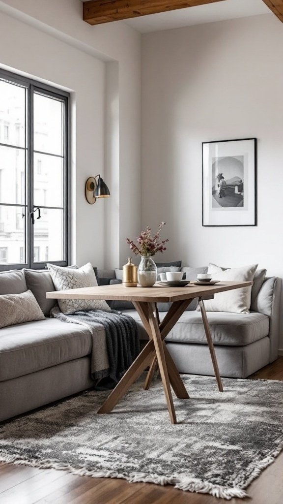 A cozy living room and dining area featuring a grey sofa, a wooden dining table, and decorative elements.