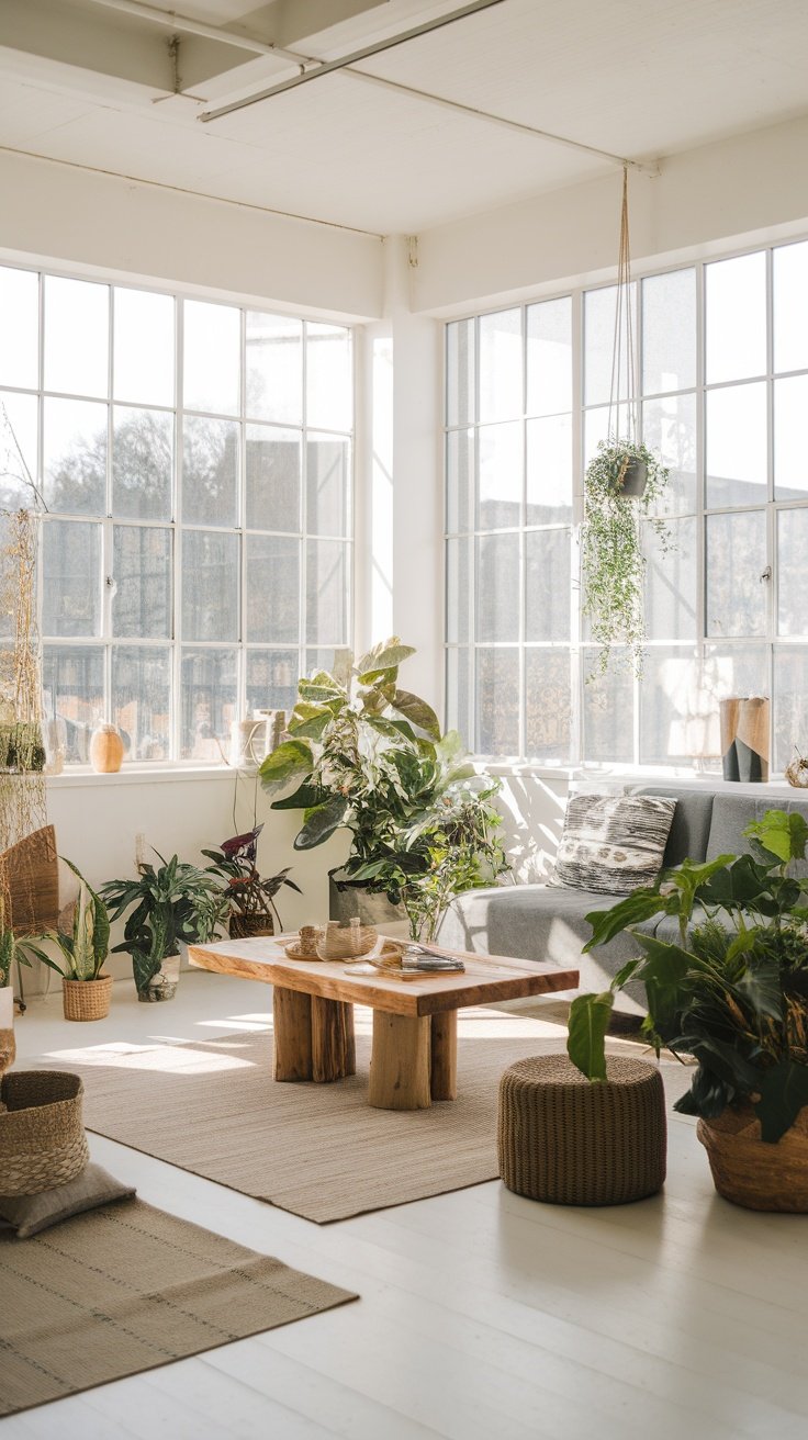 Bright and airy living room with large windows, plants, and natural decor elements