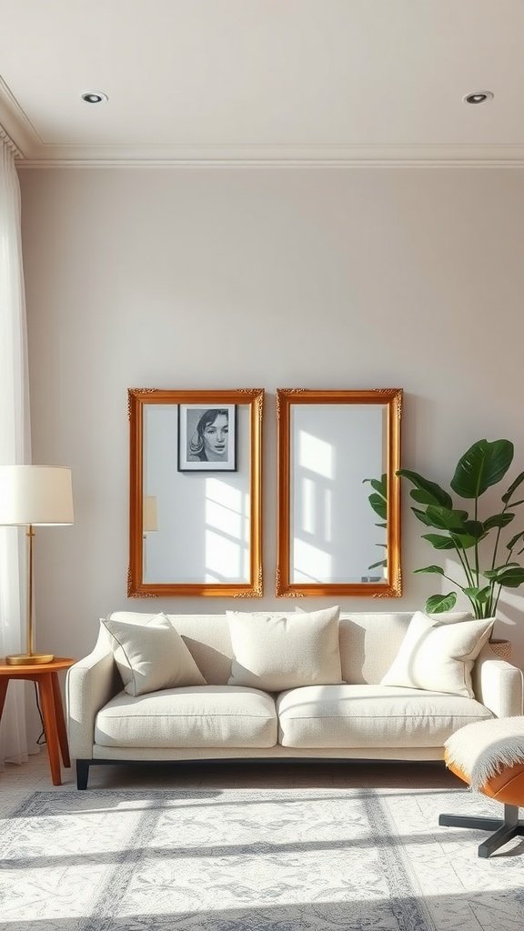 A cozy living room with two mirrors above a couch, reflecting natural light and a green plant.