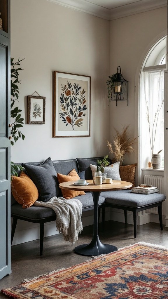 Cozy niche dining area with a bench, round table, and warm decor