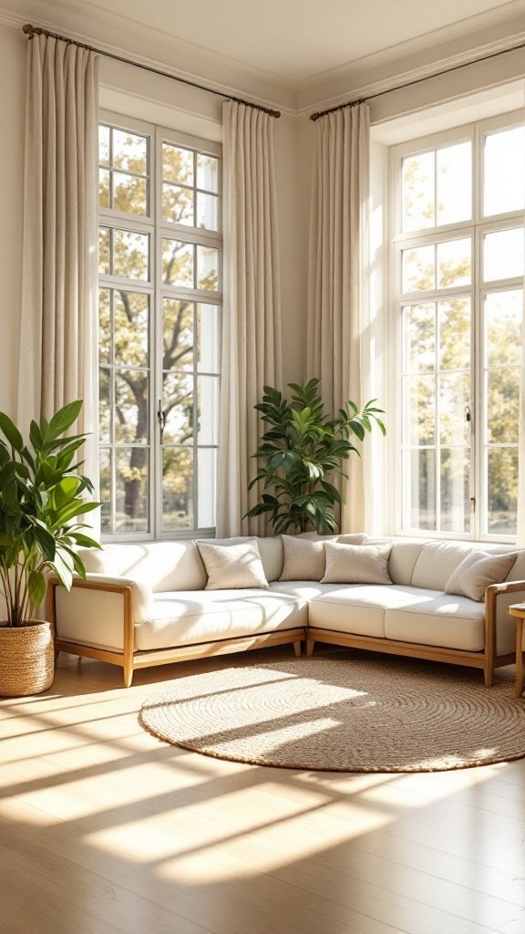 Bright living room with large windows, light-colored sofa, and indoor plants.