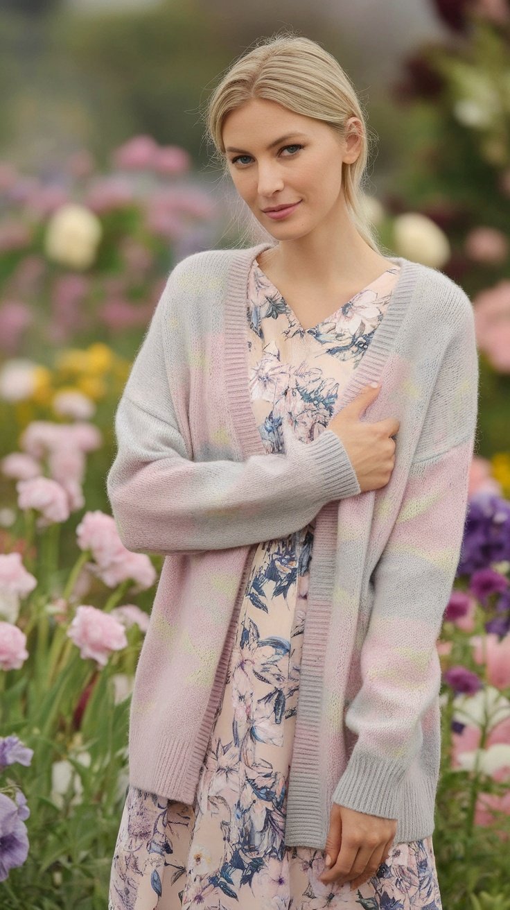 A woman wearing a pastel cardigan over a floral dress in a garden full of flowers.