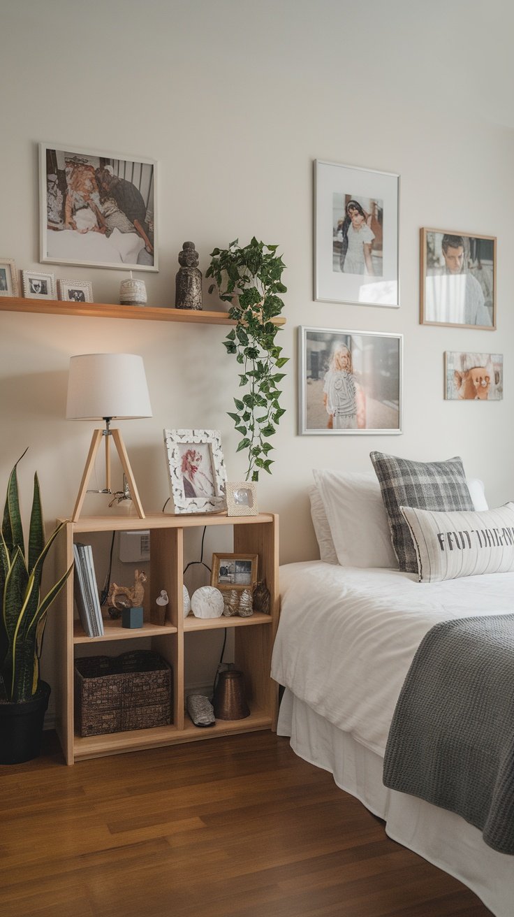 A beautifully decorated bedroom with personal photos and plants.