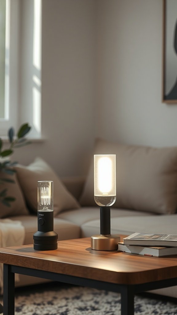 Two stylish portable battery-powered lamps on a coffee table in a cozy living room setting.