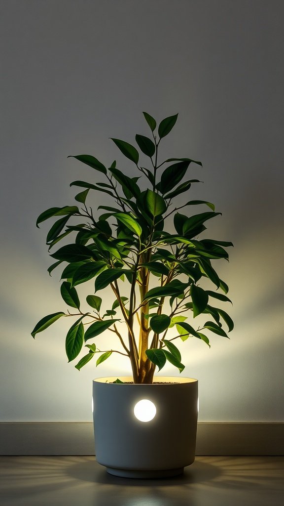 Potted plant with integrated lighting in a stylish white pot, casting a warm glow in a cozy living room.