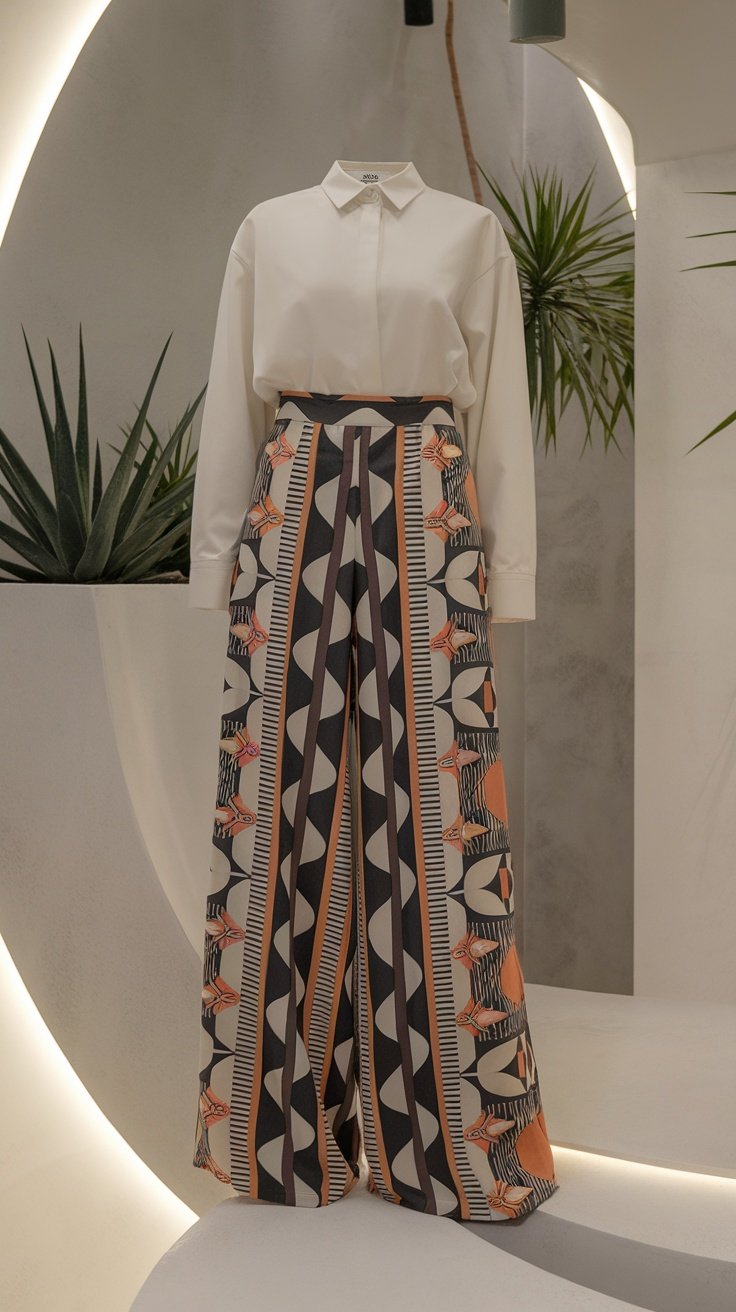 A mannequin showcasing printed wide-leg pants paired with a simple white top.