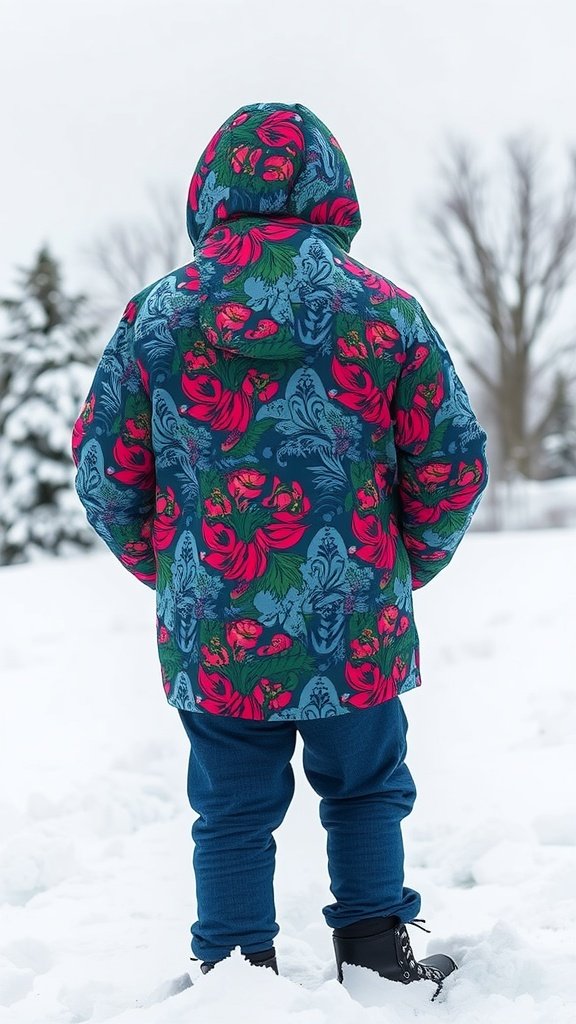 A person wearing a colorful puffer jacket with floral patterns, standing in the snow