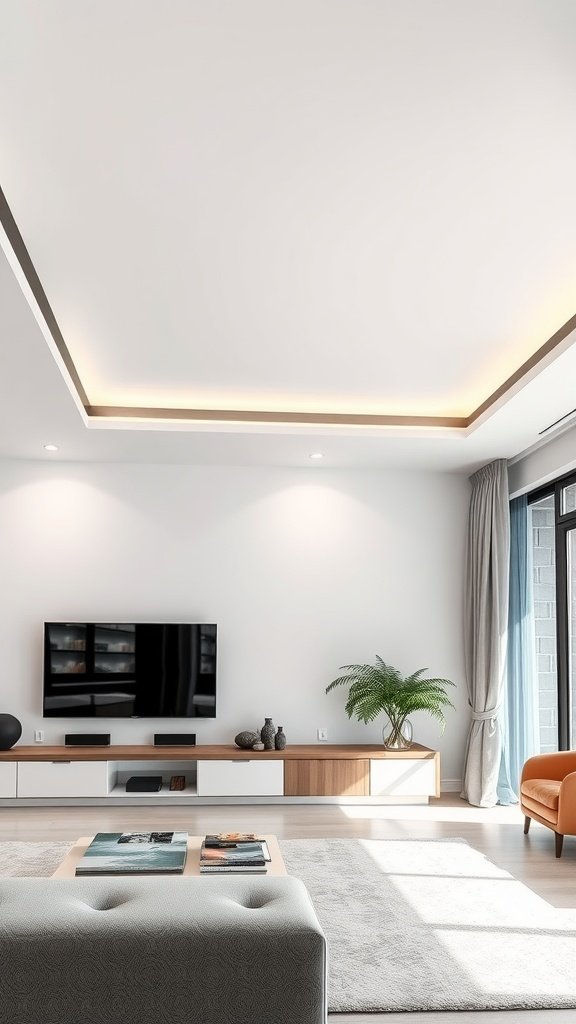 A living room featuring recessed lighting, a modern TV stand, a gray sofa, an orange chair, and a potted plant, creating a cozy atmosphere.