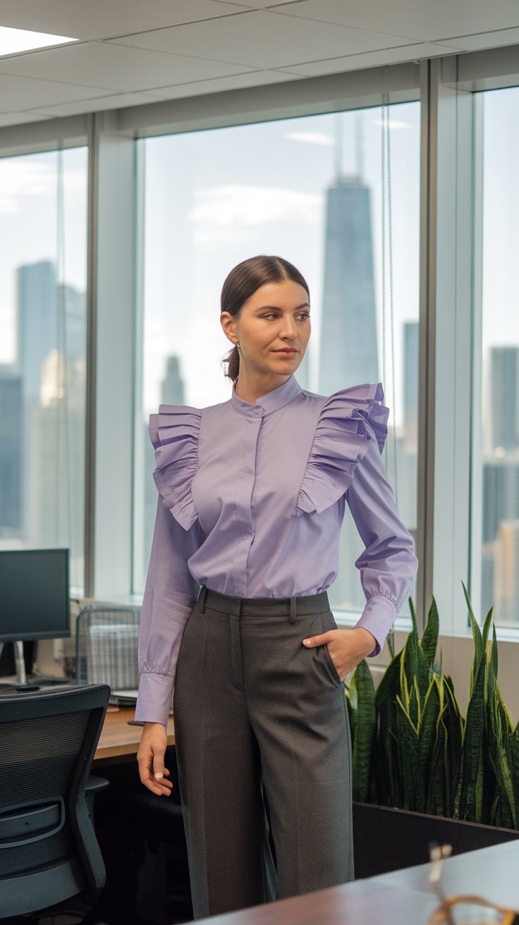 A woman wearing a ruffled sleeve blouse and tailored pants in a modern office setting.