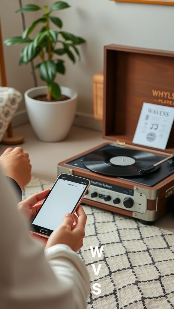 A person connecting their smartphone to a Waves Vinyl Player Bluetooth Speaker, featuring a stylish design with a vinyl record on top.