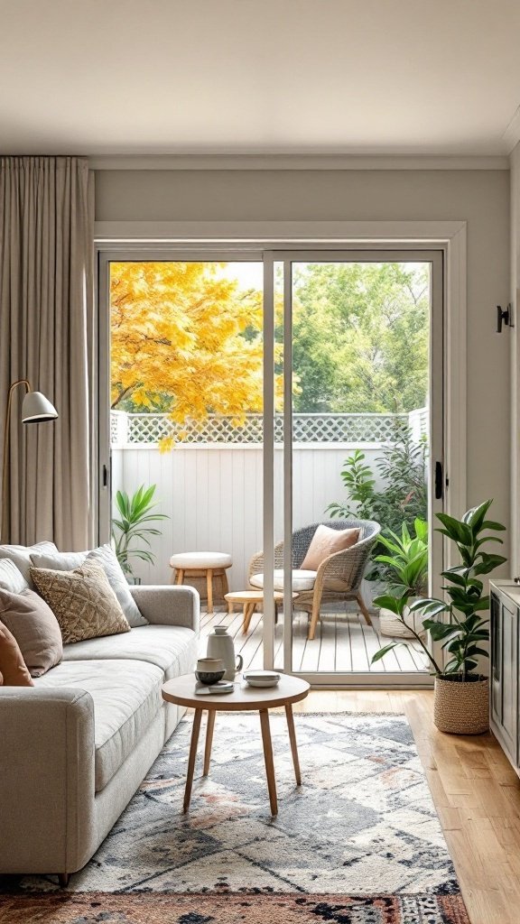 Cozy living room with large sliding doors leading to an outdoor area filled with plants and autumn colors.