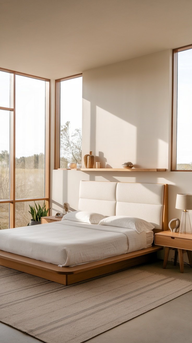 A serene minimalist bedroom featuring natural elements, large windows, and a light color palette.