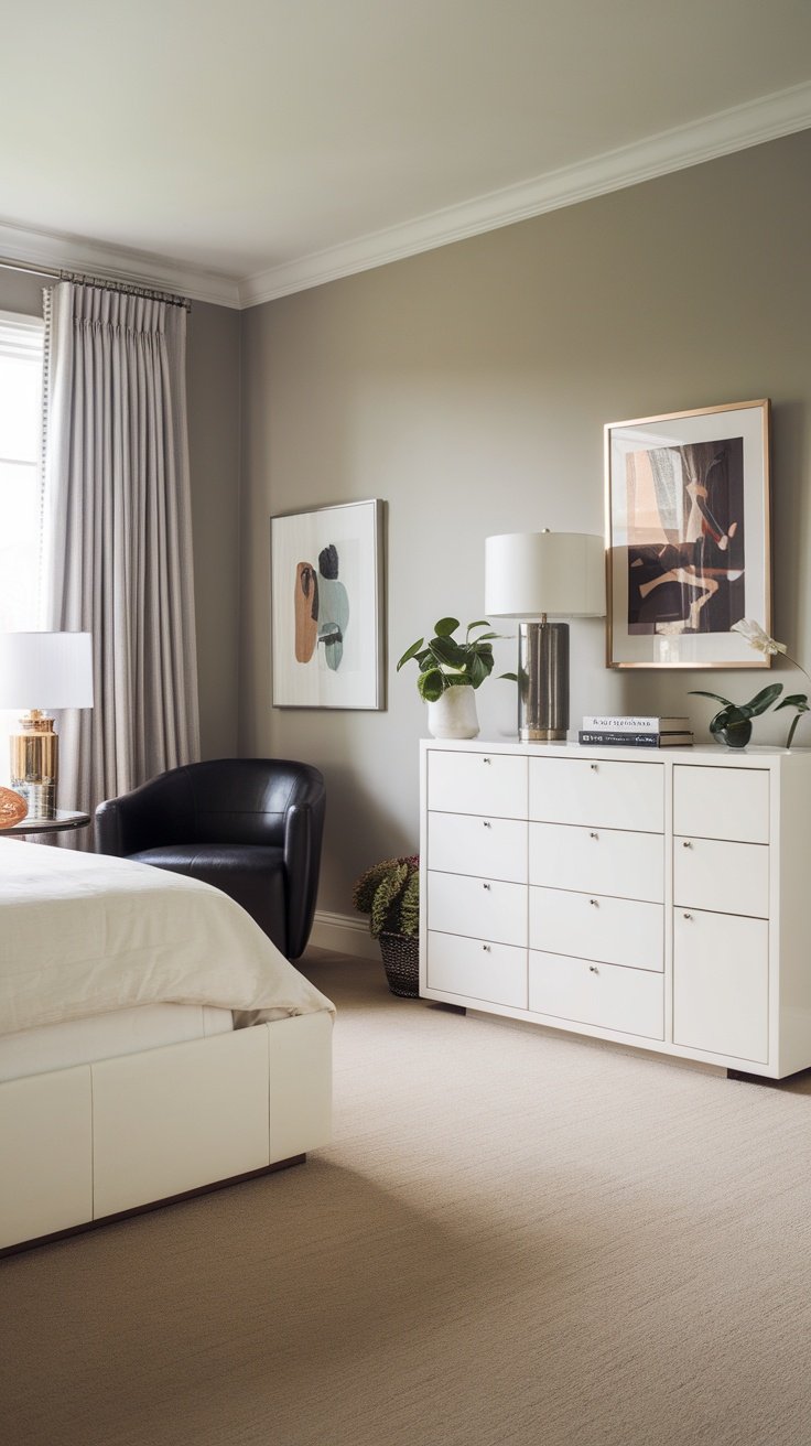 A modern bedroom featuring sleek furniture with neutral tones and minimal decor.