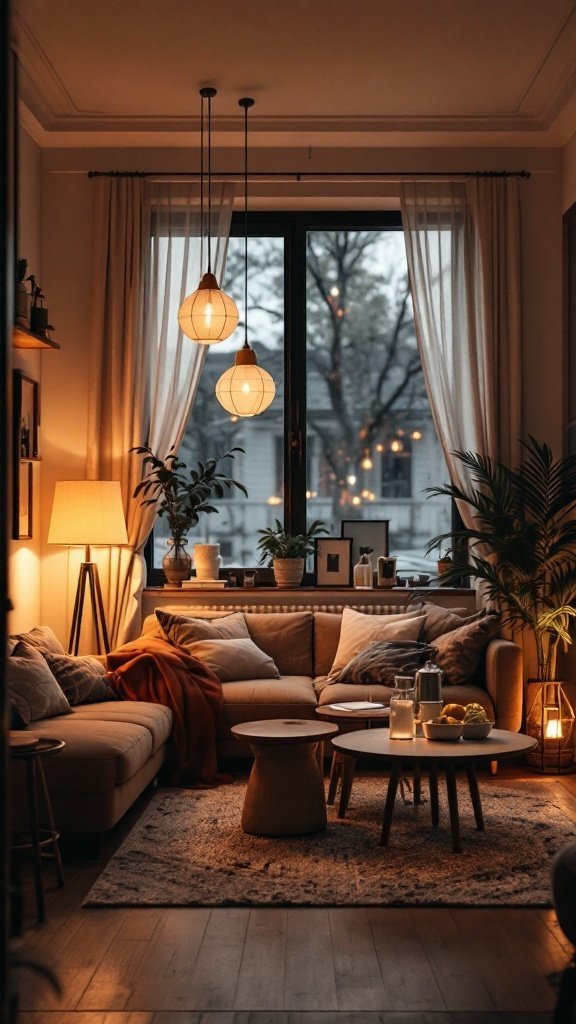 Cozy living room and dining room combo with warm lighting and plants