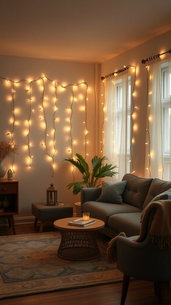 Cozy living room with soft string lights draped around windows and walls