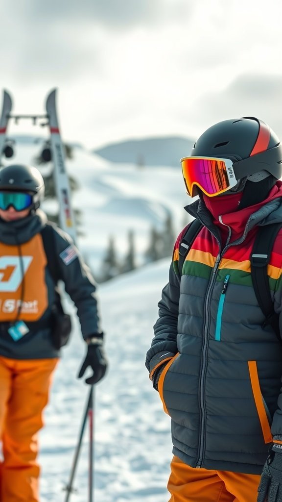 A sporty ski jacket with colorful accents, worn by a skier with a helmet and goggles, in a snowy landscape.