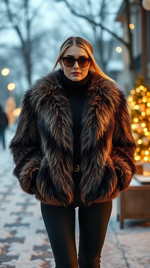 A stylish woman wearing a faux fur jacket, black turtleneck, and sunglasses, standing outdoors in winter.