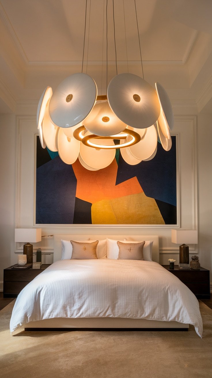 A stylish bedroom featuring a unique lighting fixture.