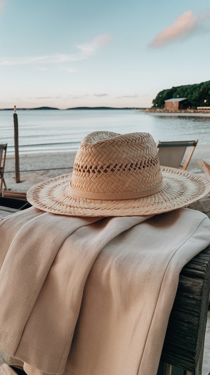 A straw hat resting on beige linen pants by the beach.