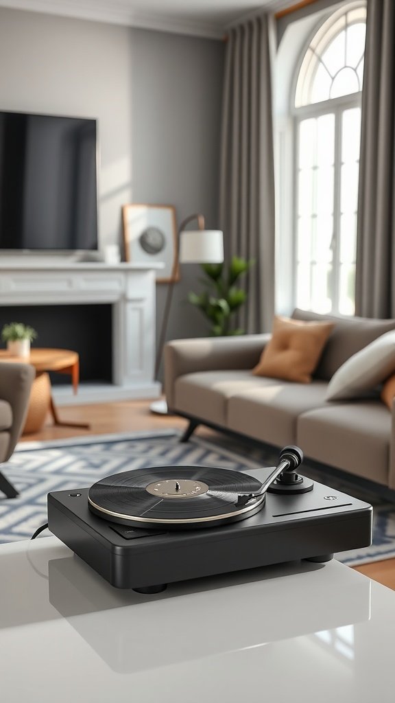 A stylish black vinyl player speaker placed on a modern white table in a cozy living room with contemporary decor.