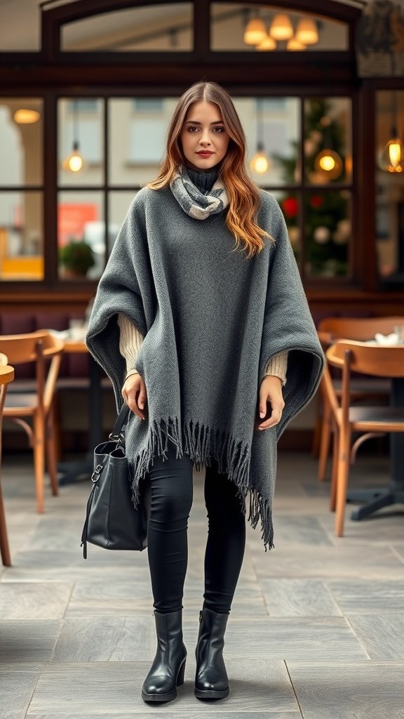 A woman wearing a gray wool blend poncho, black leggings, and ankle boots, standing in a café.