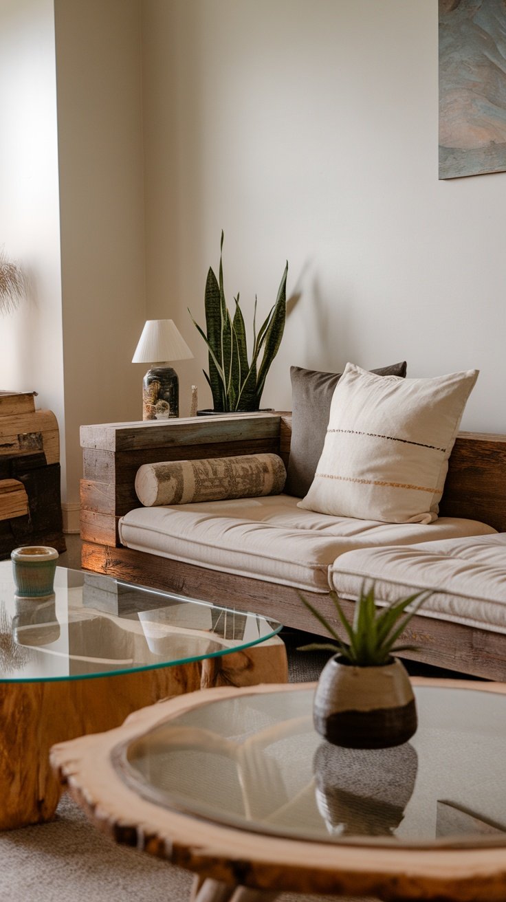 A cozy modern living room featuring a wooden sofa, earthy cushions, and natural decor elements.