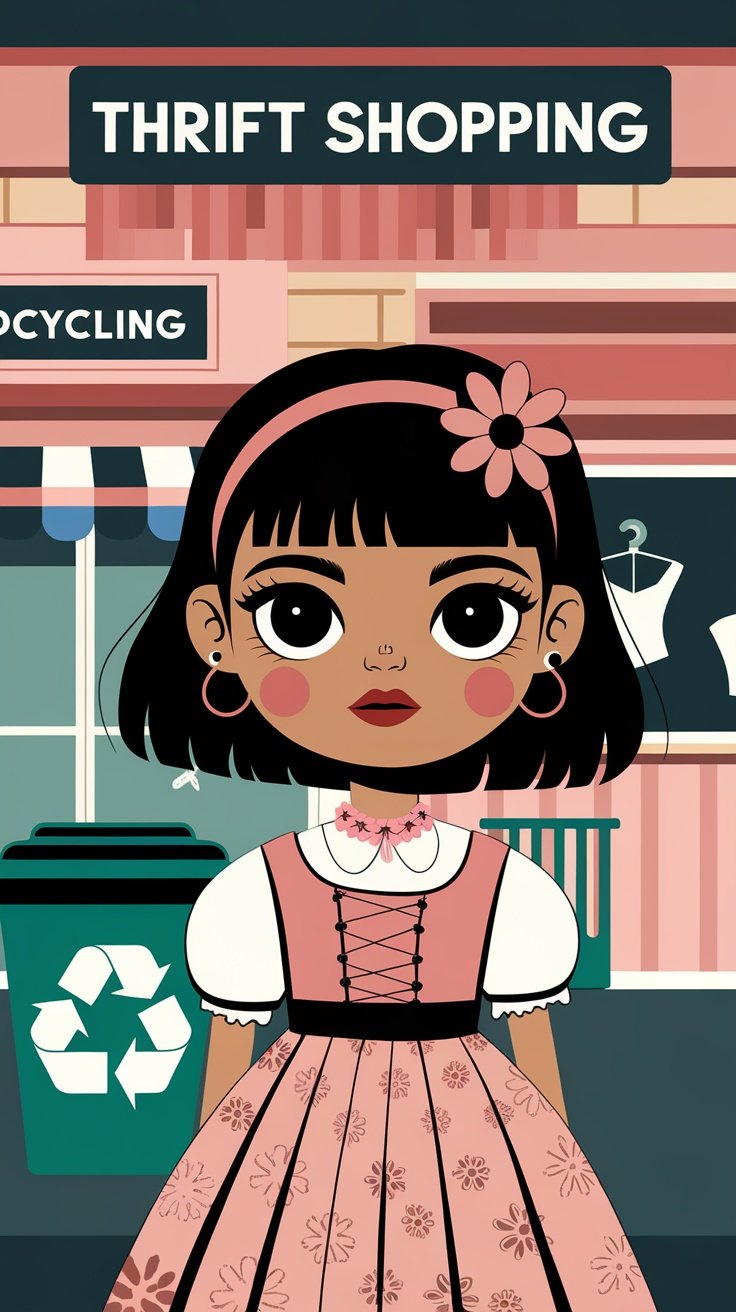 An infographic highlighting sustainable practices in Lolita fashion, including thrift shopping, upcycling, supporting ethical brands, and caring for clothes.