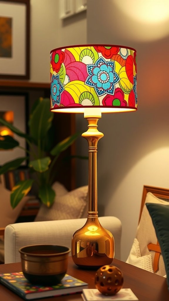 A colorful table lamp with a vibrant shade on a side table between two couches.