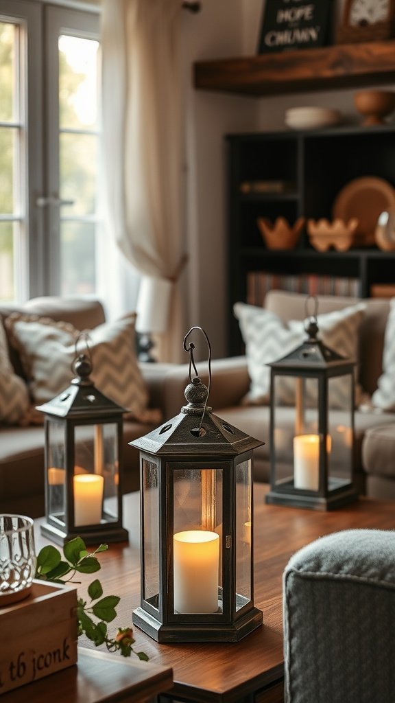 A cozy living room with tabletop lanterns casting a warm glow.