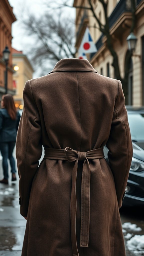 A woman wearing a tailored brown wool coat with a belt, seen from the back, walking on a city street.