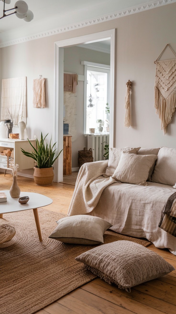 A modern living room featuring textured fabrics and earthy materials, including a soft couch with pillows, a woven rug, and decorative wall hangings.