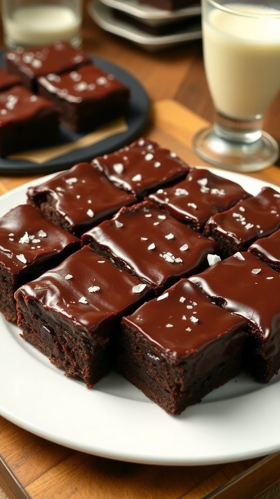 A plate of delicious fudgy chewy brownies with a glossy finish and sea salt, served with a glass of milk.