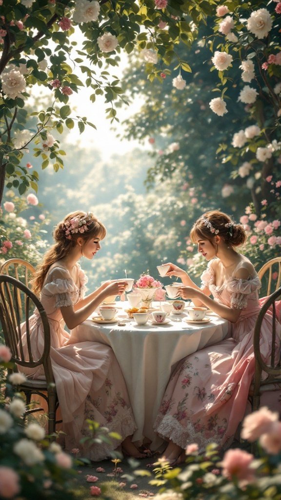 Two women in pastel Lolita dresses having tea in a garden filled with flowers.