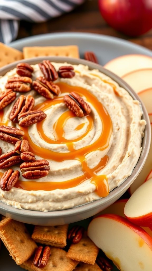 Creamy pecan pie dip topped with pecans and caramel, served with graham crackers and apple slices.