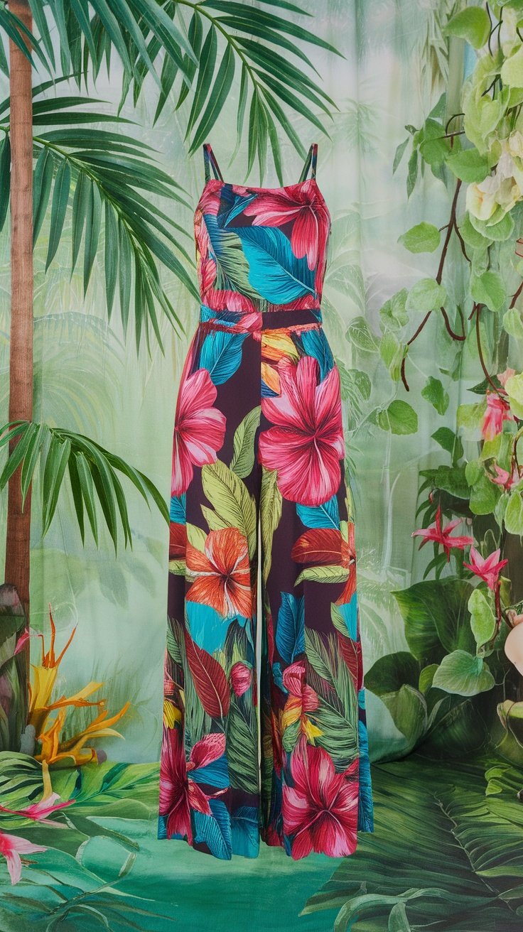 Colorful tropical print jumpsuit displayed among green tropical leaves