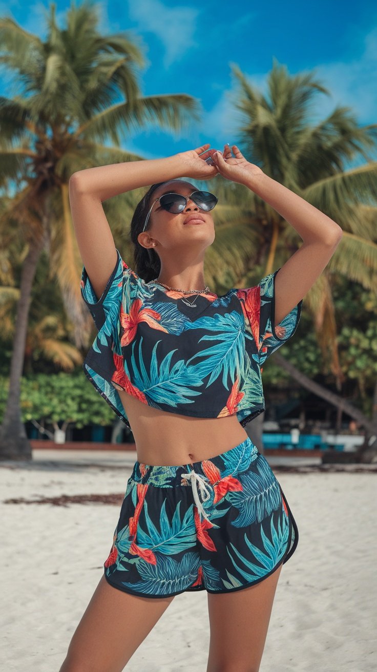 A woman wearing a tropical print matching crop top and shorts, posing on a beach.